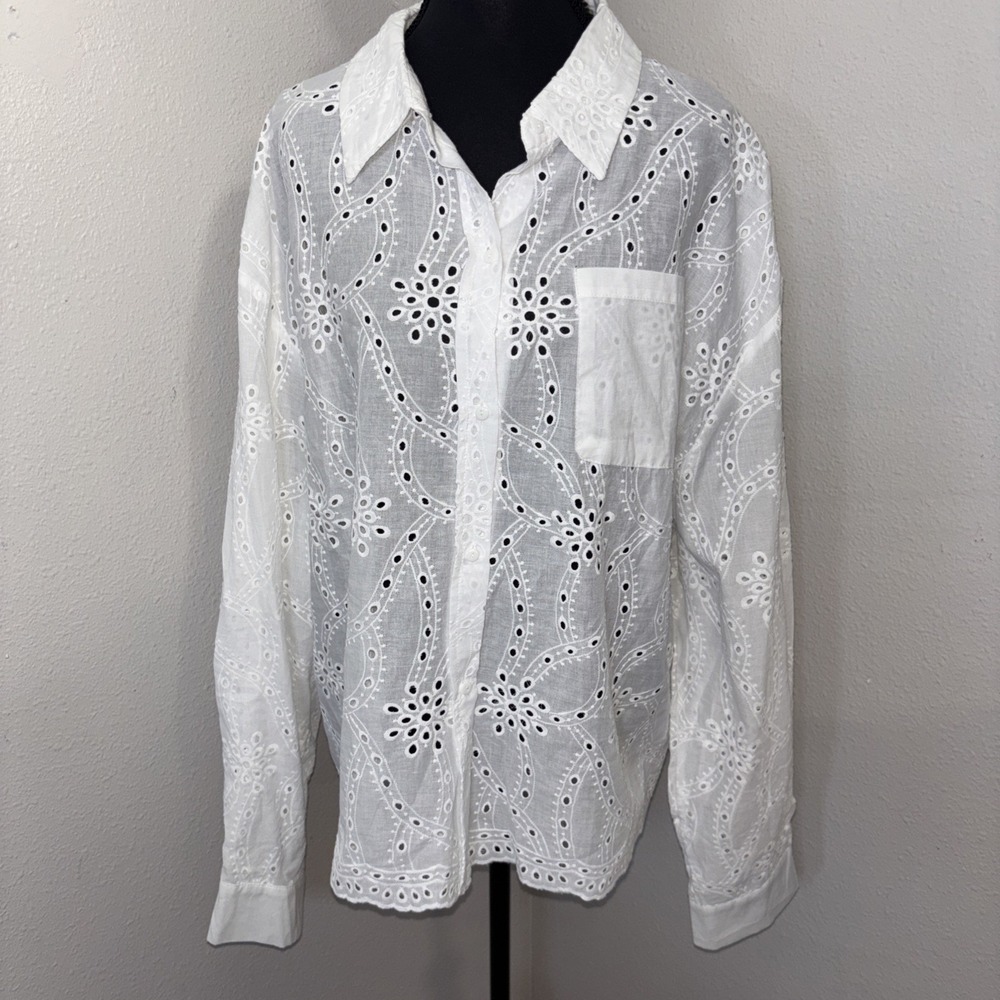 New Liv Los Angeles Button Front Blouse Women's‎ 2X White Eyelet Festival Boho